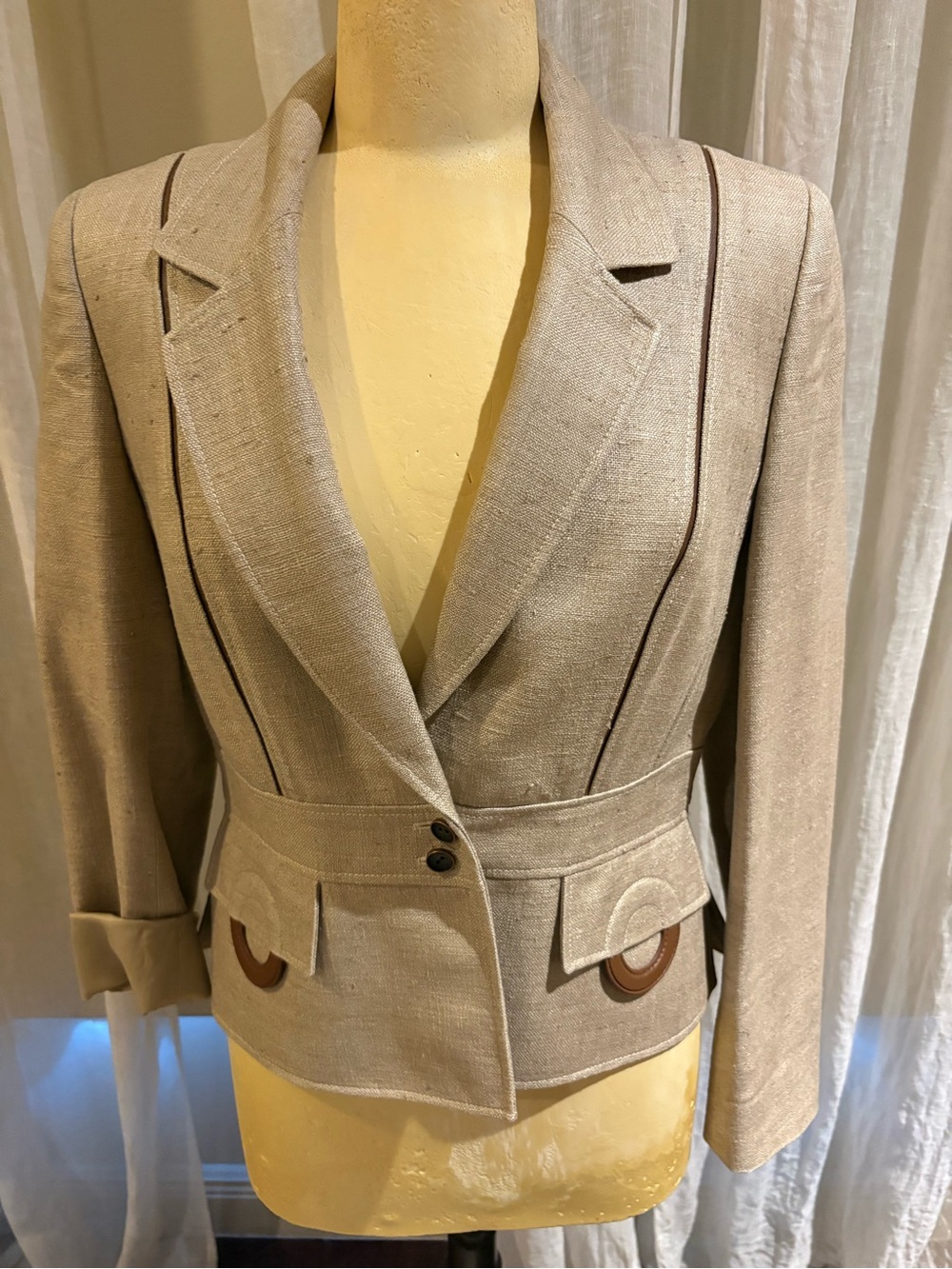 Carlisle Beige Tailored Blazer with Brown Piping